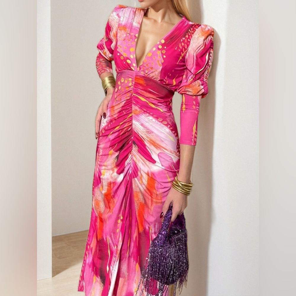 NWT Fuchsia Abstract Ruched Maxi Dress with Puff Sleeves – Size S-3XL